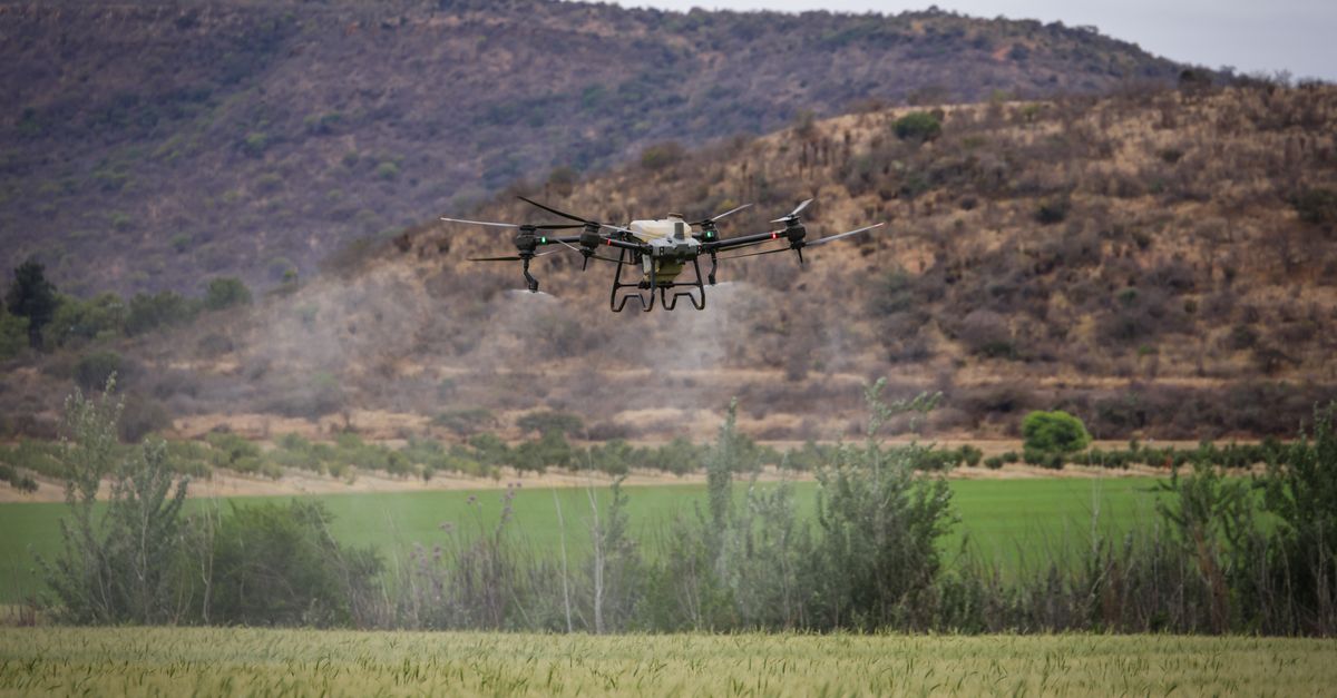 Drone flying over a green farm field with mountains in the background, showcasing agricultural technology.